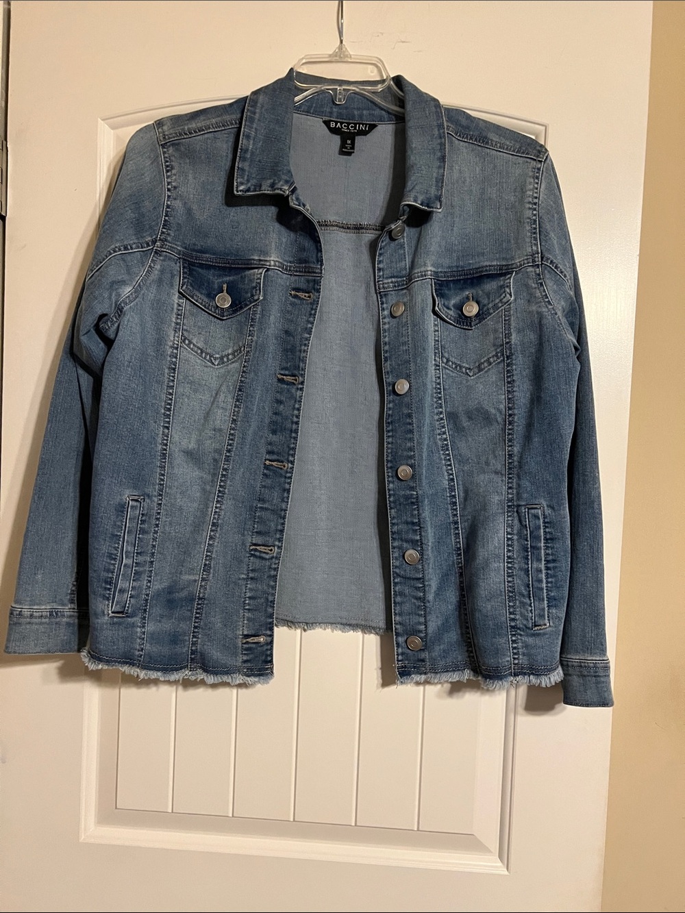 Baccini Medium Wash Denim Jacket with Frayed Hem